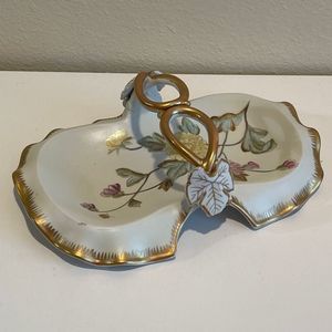 Candy Dish Antique Vintage Loop Handle Porcelain with Floral Design